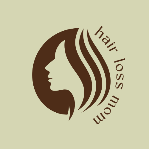 Illustration featuring a silhouette of a woman's head, cascading hair and the text: hair loss mom.