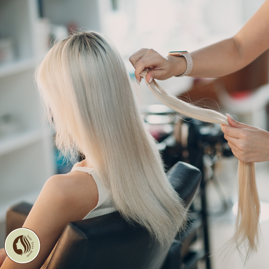 A girl with long blond hair testing clip-in hair extensions, perfect hairpiece for women with thinning hair.